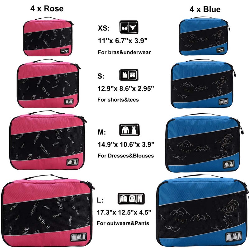 Idesort 8 Set Packing Cubes, Travel Luggage Bags Organizers Mixed Color Set (Rose Blue) - Image 2